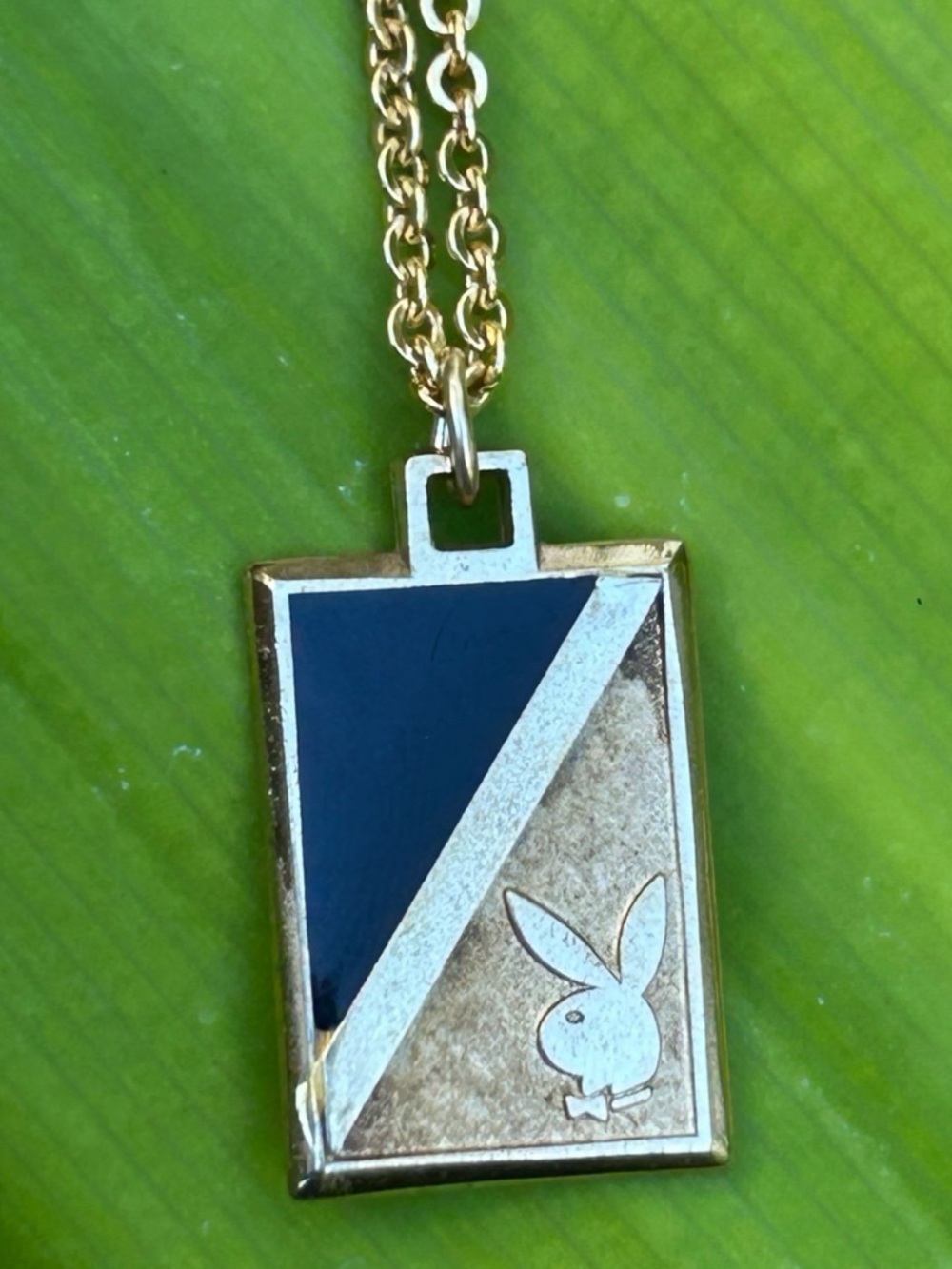 Vintage Playboy Bunny gold plated dog tag style Pendant Charm necklace 20 chain